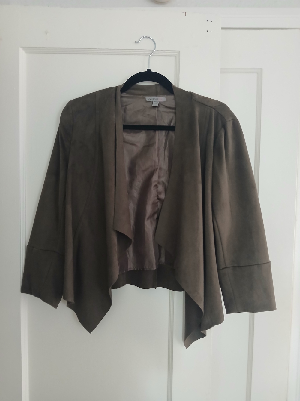 Draped Open-Front Faux Suede Jacket in Olive